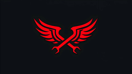 Red Wings with Wrenches Emblem on Black Background Design