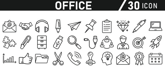 Office Icons set. Editable icon in liner style. For Mobile and Web. It contains an office desk, office, chair, coffee, document, computer mouse, and clipboard. vector illustration