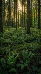 Obraz premium Sunlight filtering through dense green forest with ferns and tall trees