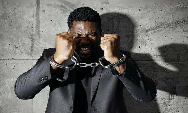 Angry Man in Handcuffs Against Concrete Wall