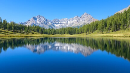 Serene Alpine Lake Reflecting Snow-Capped Mountains Under a Clear Blue Sky