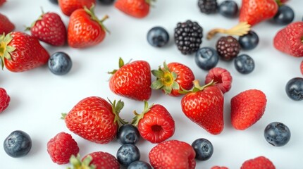 Obraz premium Fresh Assorted Berries on White Background with Strawberries and Blueberries