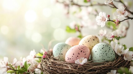 Obraz premium A vibrant Easter scene unfolds, with pastel eggs adorned with delicate spring blossoms nestled in a woven basket, bathed in the soft glow of a white background. The image invites viewers to celebrate