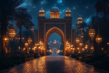 Fototapeta premium Glowing Lanterns Adorn Ornate Archway Leading to Starry Night