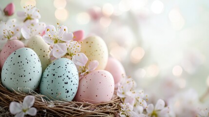 A vibrant Easter scene unfolds, with pastel eggs adorned with delicate spring blossoms nestled in a woven basket, bathed in the soft glow of a white background. The image invites viewers to celebrate