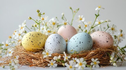 Obraz premium A vibrant tableau of Easter joy unfolds, with pastel eggs adorned with delicate blooms nestled within a rustic straw nest, against a pristine white backdrop. A natural easter greeting card, ready to