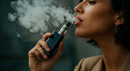 Fototapeta premium Stylish Woman Vaping, Close-up Portrait with Vapor Cloud, Modern Urban Lifestyle, Alternative to Traditional Smoking, Youth Culture
