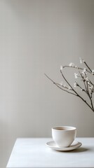 Minimalist Tea Break: A white ceramic teacup and saucer sit on a white table against a muted backdrop, accented by delicate willow branches. The scene evokes a sense of tranquility and simplicity.