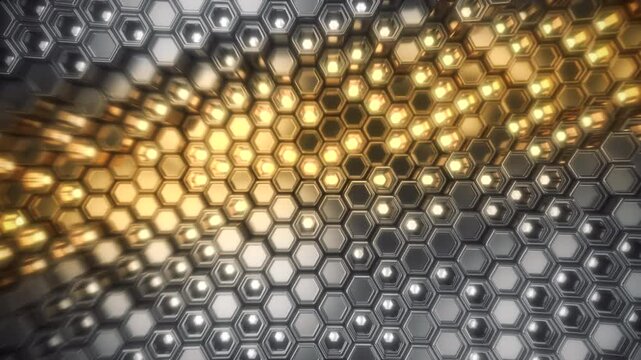 Gold And Black Metallic Hexagon Blocks In Spinning diagonal Wavy Animation Loop. Abstract geometric 3D scene with led lights.