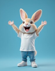 Happy Rabbit Character Wearing Clothes with Open Arms on Blue Background