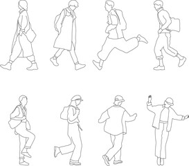 Set of 8 stylish linear silhouettes of people walking, running, and interacting, perfect for architectural visualizations, design projects, and presentations.