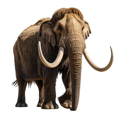 Obraz premium A woolly mammoth, a large, extinct mammal with long curved tusks and shaggy fur, isolated on a white background. Ideal for prehistoric, animal, or ice age themes.