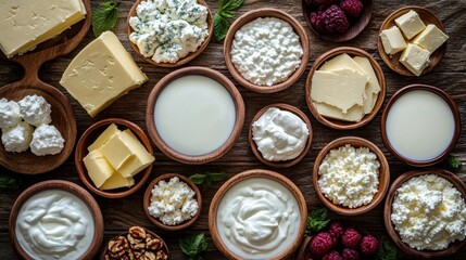 A vibrant tapestry of organic dairy delights, showcasing a diverse selection of creamy goodness: milk, sour cream, cottage cheese, yogurt, and rich, velvety butter, presented in a panoramic overhead