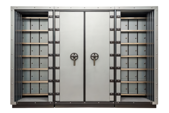 Large gray metal safe with shelves isolated with transparent background