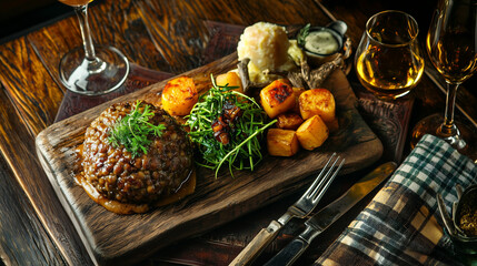 Vibrant Scottish Haggis with Neeps and Tatties on Wooden Platter