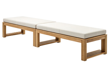 Long wooden bench with cushions isolated with transparent background