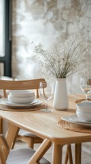 Fototapeta premium Rustic Table Setting: A beautifully arranged table setting with a vase of delicate flowers and tableware against a backdrop of textured brick, creating an inviting ambiance.