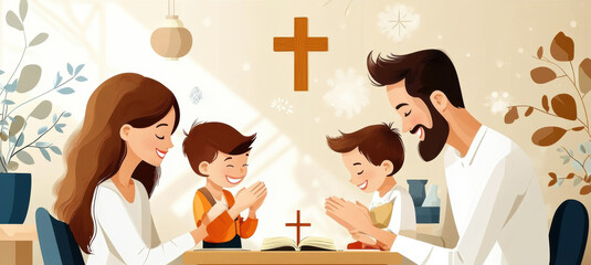 A Christian family at prayer together. AI generative. © Dar1930