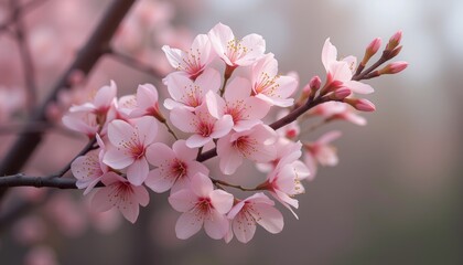Obraz premium Blooming pink cherry blossoms on a branch with a soft focus background