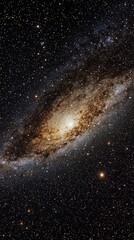 Obraz premium Galactic Tapestry: A breathtaking view of a spiral galaxy, its luminous core and swirling arms studded with countless stars and celestial wonders, unfolds against the infinite darkness of space.