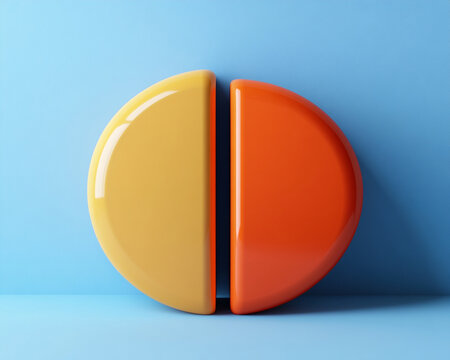 3D icon of split circle with one half in yellow and other in orange, set against blue background, symbolizing A/B testing