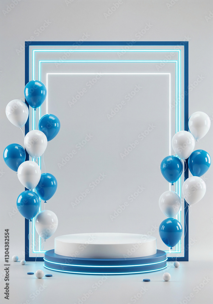 Poster elegant podium in a frame with balloons and with empty space for text . generative ai