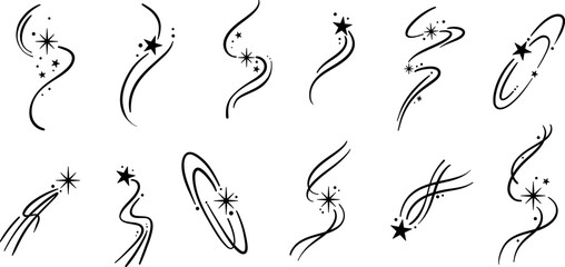 Star doodles hand drawn galaxy swirl icon or logo template, elegant hand drawn swirly shooting star sticker, modern minimalist trendy tattoo design set