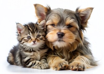 Adorable Yorkshire Terrier Puppy Gently Hugs Tiny Kitten - Isolated White Background Stock Photo
