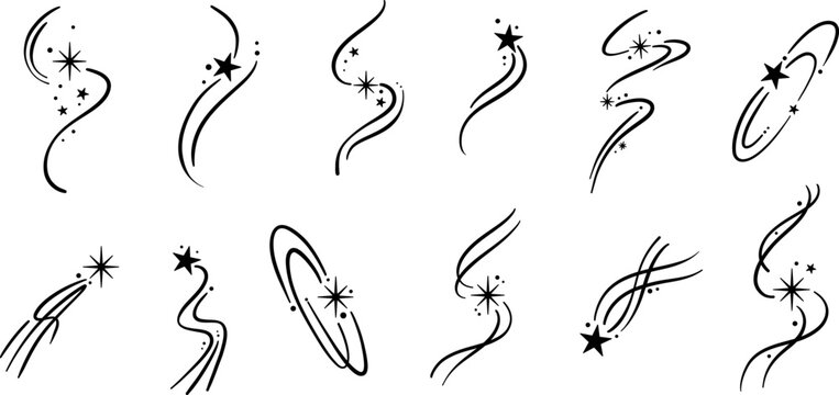 Star doodles hand drawn galaxy swirl icon or logo template, elegant hand drawn swirly shooting star sticker, modern minimalist trendy tattoo design set