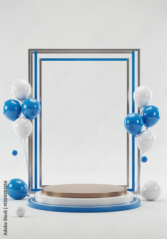 Poster elegant podium in a frame with balloons and with empty space for text . generative ai