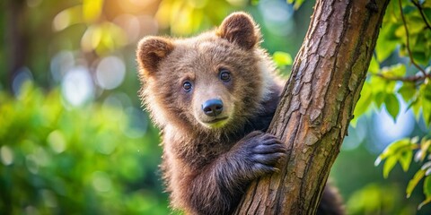 Obraz premium Adorable Young Bear Cub in a Wildlife Park Tree - High-Resolution Stock Photo