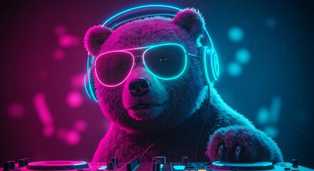 Dj Bear Mixing Music with Neon Headphones and Sunglasses at Party