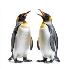 Fototapeta premium Two playful penguins cheerfully interacting, showcasing their vibrant features and distinct postures in a lively, engaging manner.