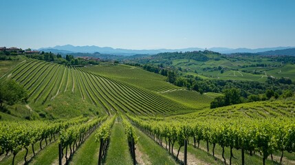 Vast green vineyard landscape with rolling hills and clear blue sky