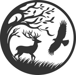 A deer watching a hawk circling above animal silhouette vector