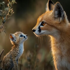 Naklejka premium A touching moment between a young wildcat and an adult fox, showcasing the beauty of nature and animal interactions.