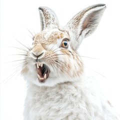 Obraz premium Angry rabbit portrait with sharp teeth in surreal expression, surreal angry rabbit showing teeth in humorous concept, expressive angry rabbit face with sharp teeth for creative content
