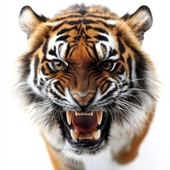 Obraz premium A fierce tiger roars with bared teeth, showcasing its striking orange and black stripes against a plain background.