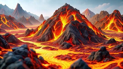 Abstract Volcanic Landscape: Fiery Lava Flow and Dark Orange Mountains