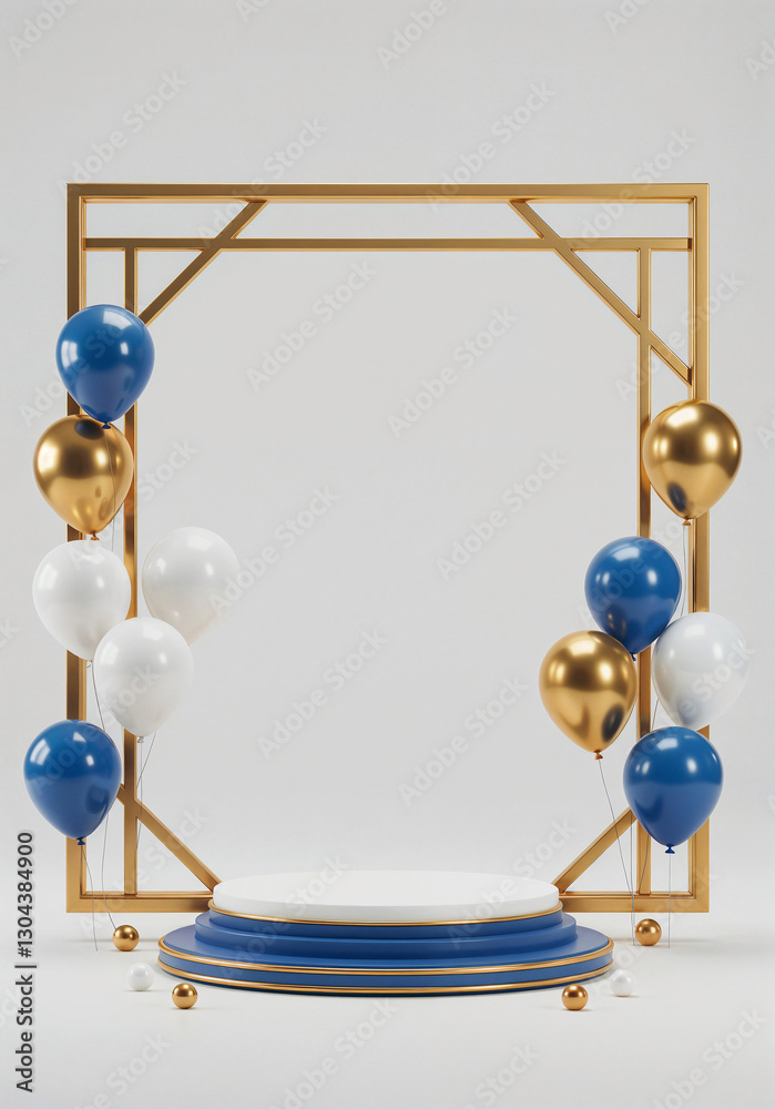 Poster elegant podium in a frame with balloons and with empty space for text . generative ai