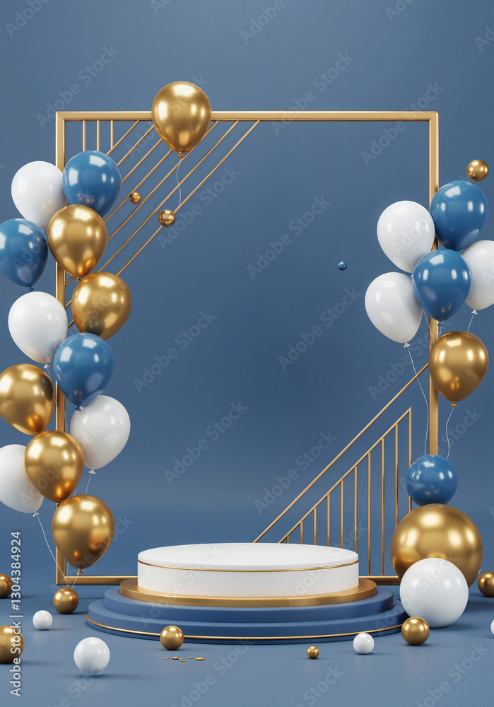 Poster elegant podium in a frame with balloons and with empty space for text . generative ai