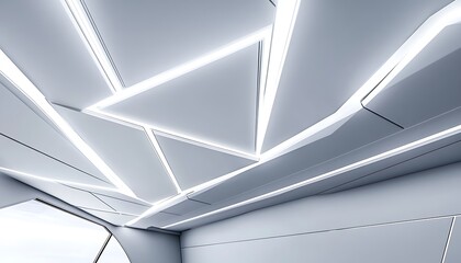 Fototapeta premium Sleek ceiling with angular patterns and integrated LED lighting in shades of gray and white, isolated background