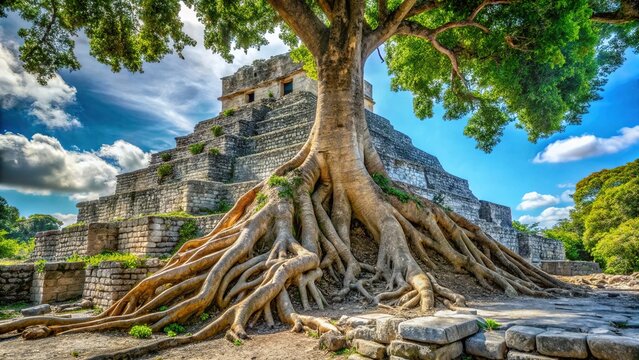 Ancient Mayan Ruins Becan Campeche Mexico Overgrown by Tree Roots