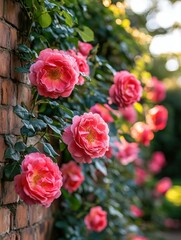 Fototapeta premium Beautiful pink roses blooming on a brick wall during sunset