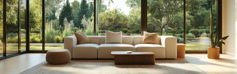 Fototapeta premium Modern living room with large windows showcasing a garden view