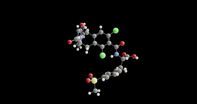 Lifitegrast molecule, rotating 3D model of Anti-inflammatory Agents, looped video on a black background