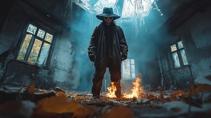 Fototapeta premium Masked figure in ruined building, fire, autumn leaves, spooky atmosphere, Halloween