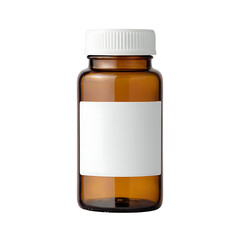 Obraz premium An amber glass pill bottle with a white cap and blank label, isolated on a white background. Ideal for medical, pharmaceutical, or supplement themes. Use in healthcare or product mockup contexts.