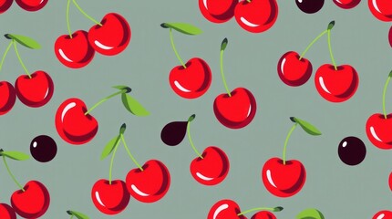 Seamless Cherry Pattern Red Fruits and Dark Seeds on Grey Background