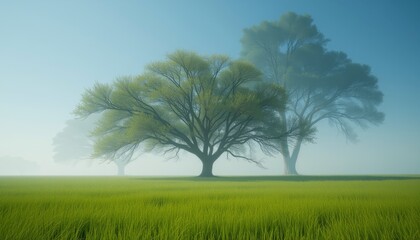 Obraz premium Two trees with green foliage in a grassy field shrouded in mist